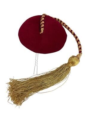 Greek Red Velvet Hat Gold Braided Tassel Vintage Handmade VINTAGE)Greek Military? Red Velvet Smoking Hat? FEZ  main image 4